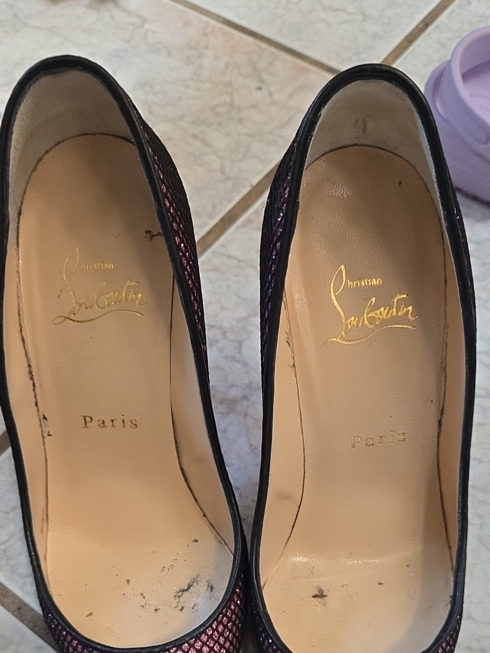 Christian Louboutin Black and Purple Mesh Pointed-Toe Pumps